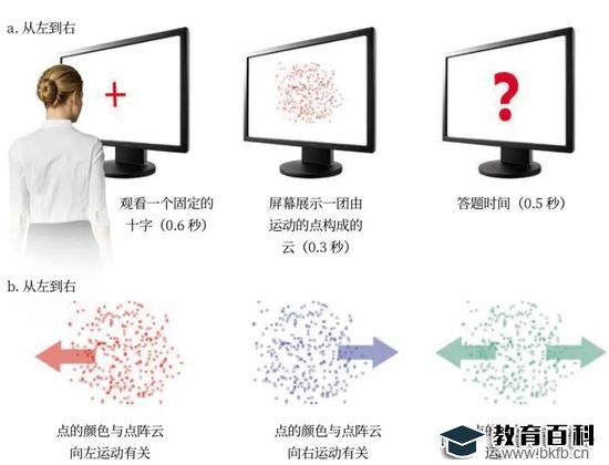 试验证明:安德里亚·阿拉米亚和同事们所进行的试验证明了无意识学习过程的存在。受试者首先要盯着屏幕上的一个十字,然后观看一团由朝着不同方向运动的点构成的云,并判断点阵云的整体运动方向是向左还是向右(a)。受试者不知道,在点阵云的三种颜色中,有两种颜色与运动方向有关(b)。试验结果表明,受试者都学会了将点的颜色和它的运动方向联系起来,尽管他们自己并没有意识到。